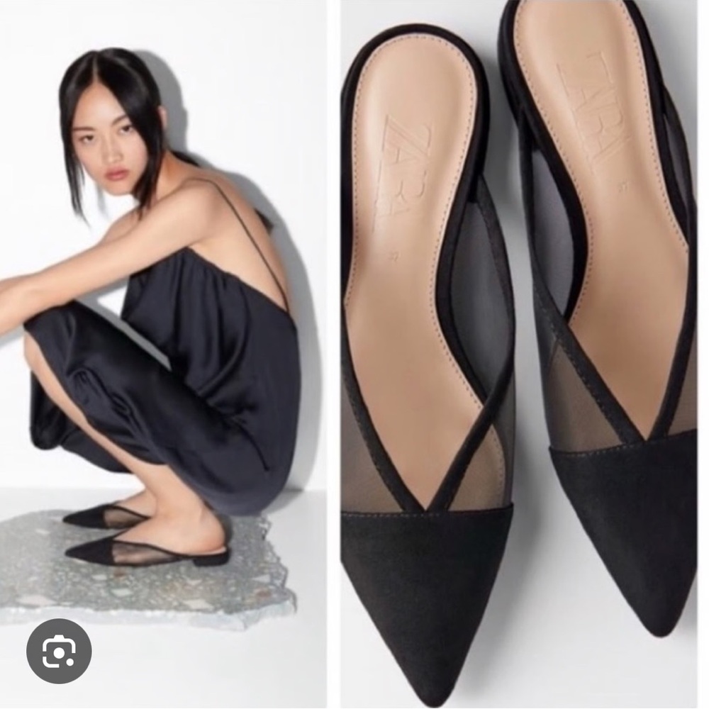 Zara Black Pointed Mesh Slingback Flats